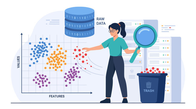 Data Scientist Analyzing Clusters and Outliers on Scatter Plot with Magnifying Glass, Database, and Servers