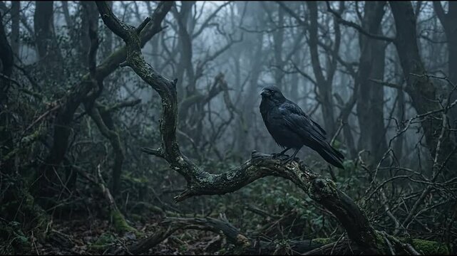 Black raven perched on gnarled branch in dark misty forest