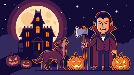 A cartoon vampire holding an axe stands beside a howling wolf and pumpkins © enih