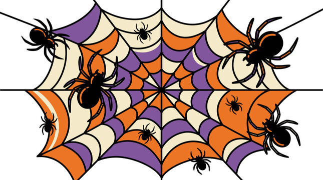 Colorful cartoon spider web with black spiders on white background