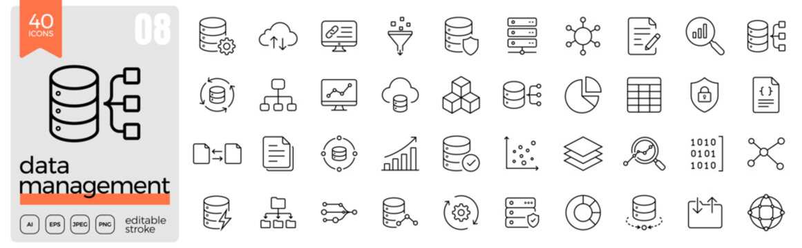 Data management linear icon set. Database, storage, analytics, backup, cloud computing, information systems, data processing, digital infrastructure. Editable stroke. Vector illustration