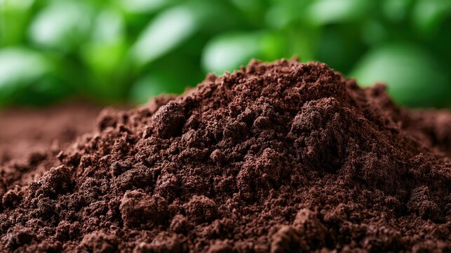Close-up of rich, dark loamy soil texture with blurred green foliage background