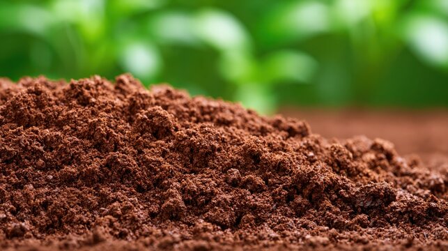 Close-up of rich loamy soil texture against a blurred green botanical background