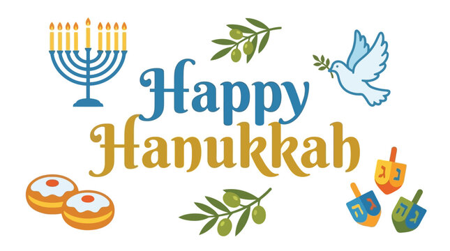 Illustrated Happy Hanukkah greeting featuring traditional menorah, dreidels and donuts