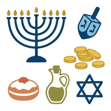 Hanukkah holiday symbols set with menorah, dreidel, coins, donut and star of david