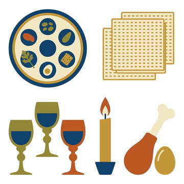 Vector illustration of traditional Jewish Passover Seder symbols on a white background