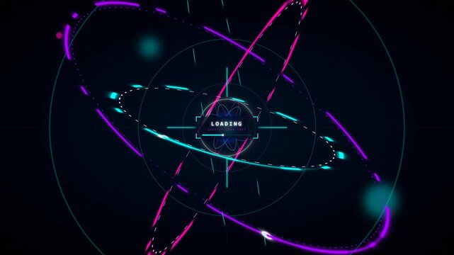 Futuristic loading screen animation, abstract digital data processing, glowing neon rings and particles, technology interface, cyber security, AI, and network communication concept