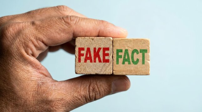 Man holding wooden blocks with fake and fact printed text.