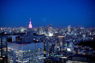 夕暮れの東京の街並みを高層ビル群が彩るパノラマ夜景。ピンク色に輝くNTTドコモ代々木ビルが都会の夜空にそびえ立つ。 © BRUCE