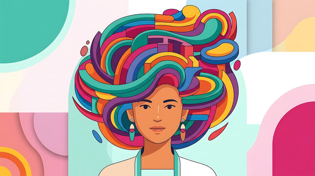 Vibrant digital portrait of a woman with colorful abstract geometric hair scene-68fdb57f-d8ea-4cb5-9873-81239acae492_202607051952