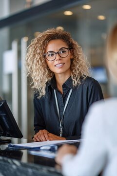 A female bank worker talks to a client at the counter. The setting is a bank during working hours. Both are focused on the conversation about banking services