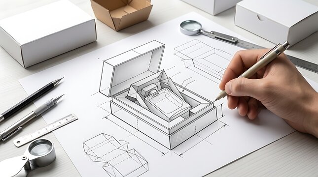 Industrial designer sketching a custom packaging concept for perfume box on drafting paper at desk