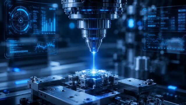 Metal part machining with laser CNC machine in high tech factory. Digital interface with data analytics and precision engineering control for industrial manufacturing in smart industry