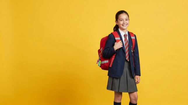Confident student in uniform with red backpack on yellow background for school brochure poster and back to school banner