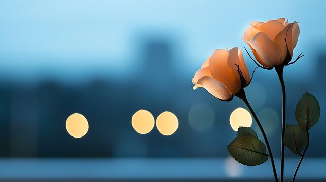 Two peach roses at dusk