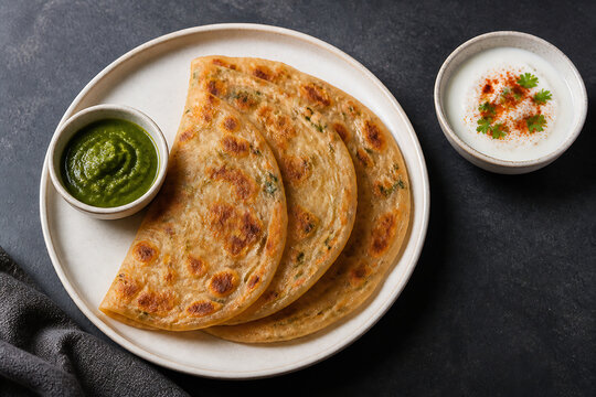 A plate of golden-brown parathas with a small bowl of green chutney and another small bowl of raita on a dark surface.