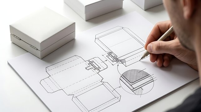 Industrial designer sketching technical packaging prototypes for luxury gift boxes on white paper
