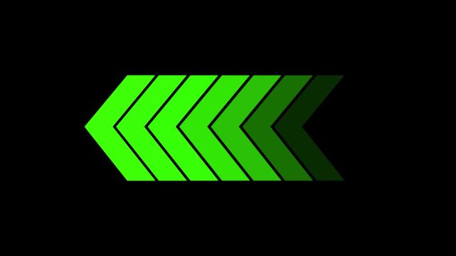 Abstract sustainable Left-directional arrow loop on black background. Right to left arrow moving animation 4k regulation.