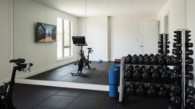Modern Home Gym Interior Design with Exercise Equipment.