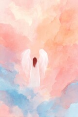 Obraz premium Vertical watercolor illustration of angel figure with soft wings on pastel background in airy composition. Perfect for religious themes, greeting cards, spiritual art, Christian stationery design