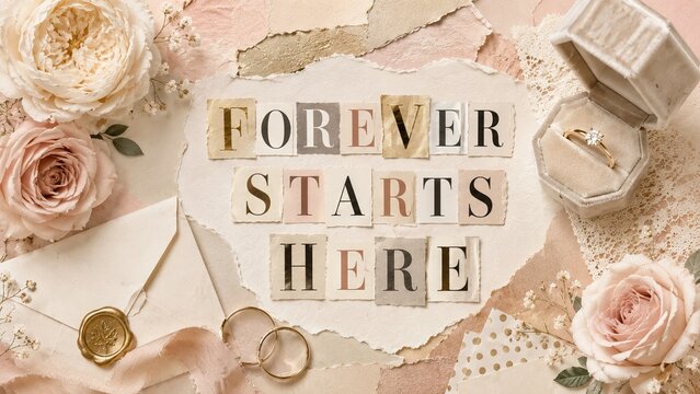 Forever starts here text made of paper letters with wedding ring and roses. Romantic marriage proposal background for engagement invitation and save the date greeting card composition