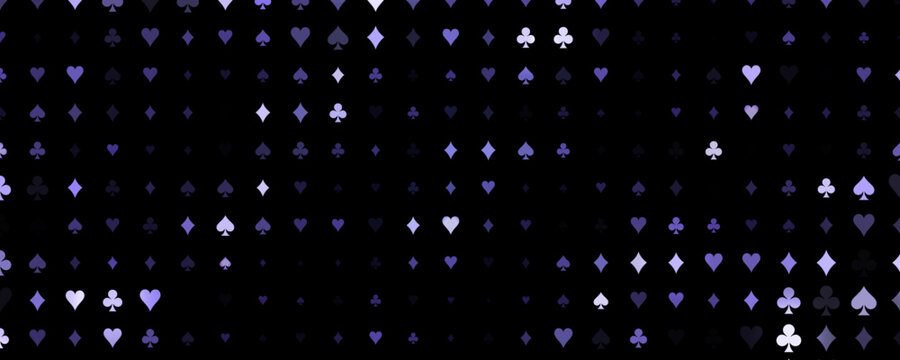 Vip Casino poker suits party seamless pattern. Bright Purple Neon spades, hearts, clubs, diamonds texture on dark background. Playing card symbols backdrop for gambling casino BG. Vector illustration.