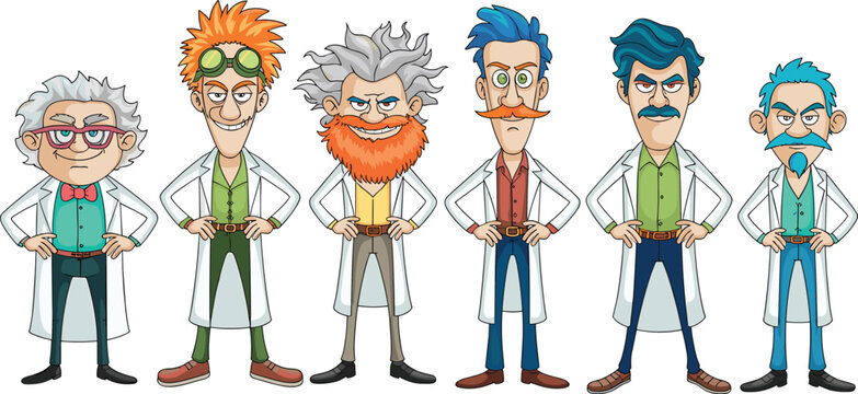 Diverse group of six quirky male cartoon scientists and professors wearing lab coats and colorful shirts