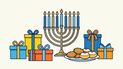A golden menorah stands beside colorful gift boxes and traditional fried holiday treats © Haisan