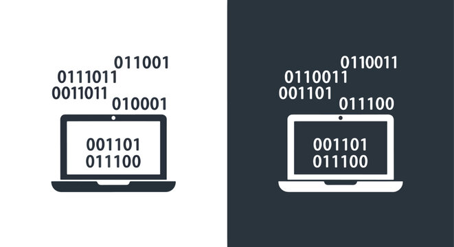Laptop showing binary code vector icon: Glyph and solid icon set - Icon vector - logo icons. Blue, Black and white icons