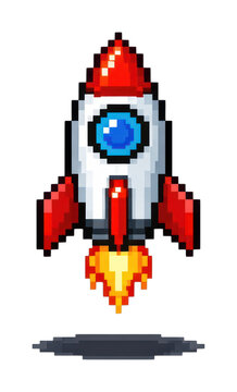 PNG Pixelated rocket launching illustration.