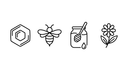Honey bee icons representing natural apiary products and floral nectar sources are displayed in a clean linear design suitable for organic branding. © bolone