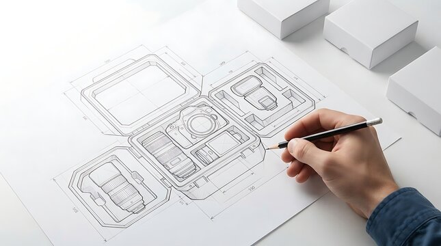 Technical drawing of a professional camera carrying case with equipment layout