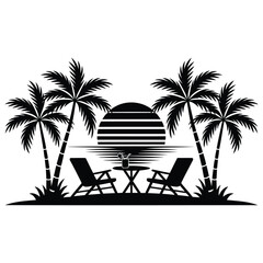 Obraz premium Tropical Sunset Beach Scene with Palms and Chairs Silhouette