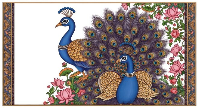 Exquisite Indian Peacock Couple Amidst Blooming Lotuses and Ornate Borders.