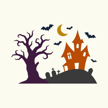 Spooky Halloween illustration with a haunted house, bare tree and flying bats