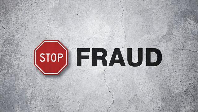 Stop fraud warning sign on a grey textured concrete wall background