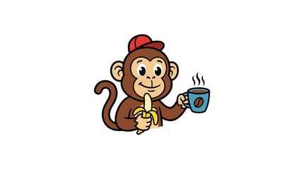 Cute cartoon monkey holding a banana and a cup of hot coffee © hermawan