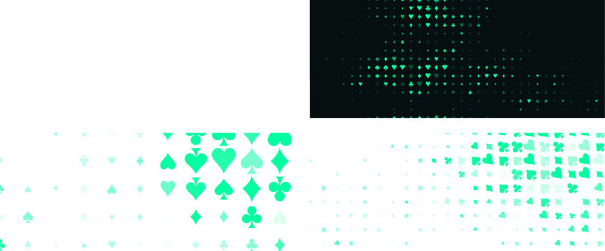 Casino poker suits pattern with neon green spades, hearts, clubs, diamonds on dark background for online gambling. Playing card games backdrop for gambling design. Vector illustration.