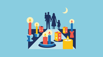 A family stands together surrounded by glowing candles during a peaceful night © heis