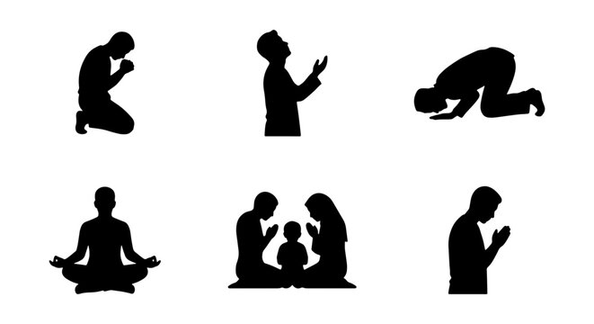 Islamic Prayer Silhouettes, Family Worship, Meditation Pose, Religious Devotion, Spiritual Connection, Muslim Figures