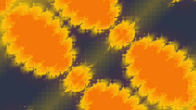 Dynamic CGI background featuring pulsing orange fractal lava on a dark blue canvas. High-quality seamless loop with halftone grid. Perfect cyberpunk vibe for motion design and VJing