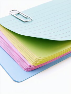 A detailed close-up of a stack of four multi-colored index cards (lined and unlined), with the top one slightly bent, held together with a silver paperclip, isolated on a pure white background