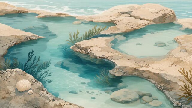 Clear coastal tide pools with rocks, seaweed, and seashells under sunlight