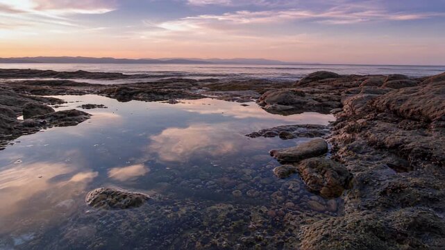 Rocky coastal shoreline with tidal pools reflecting a pastel sunset sky