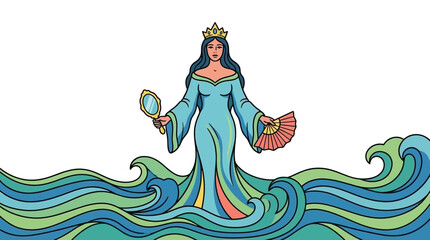 An elegant queen wearing a crown stands gracefully amidst the rolling ocean waves © hilwan