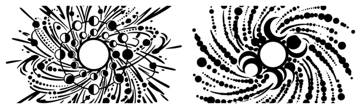 Abstract spiral galaxy orbits with dotted circular lines in celestial graphic style