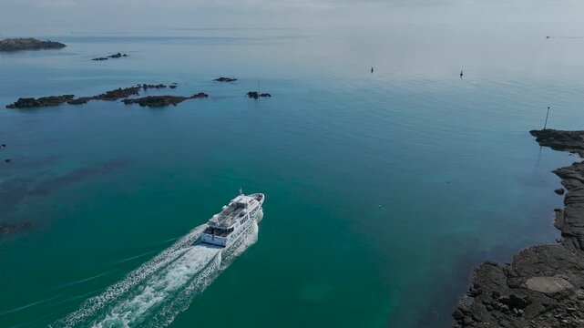 CHAUSEY, FRANCE - 2025 : Ferry leaving the island of Chausey