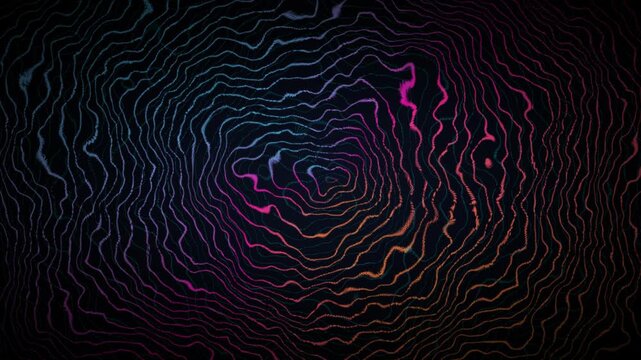 Abstract topographic wave pattern, dark digital background with glowing neon lines, vibrant gradient contour map animation, futuristic technology texture for motion graphics and presentations