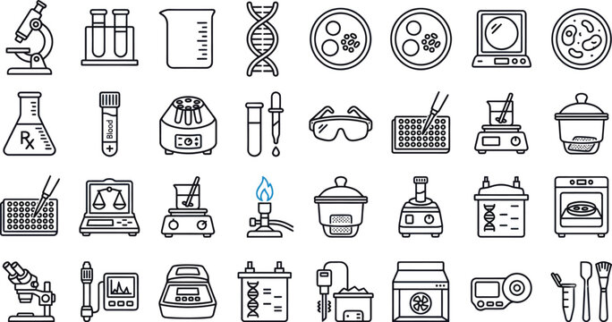 Set of laboratory equipment icons including microscope test tubes and beakers for science research Vector, illustration