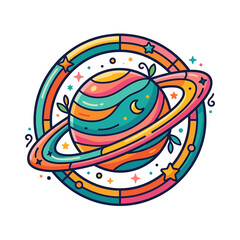 Vibrant Cartoon Planet with Colorful Rings. © Maher